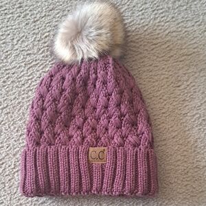 C.C Berry Knit Beanie with Faux Fur Pom